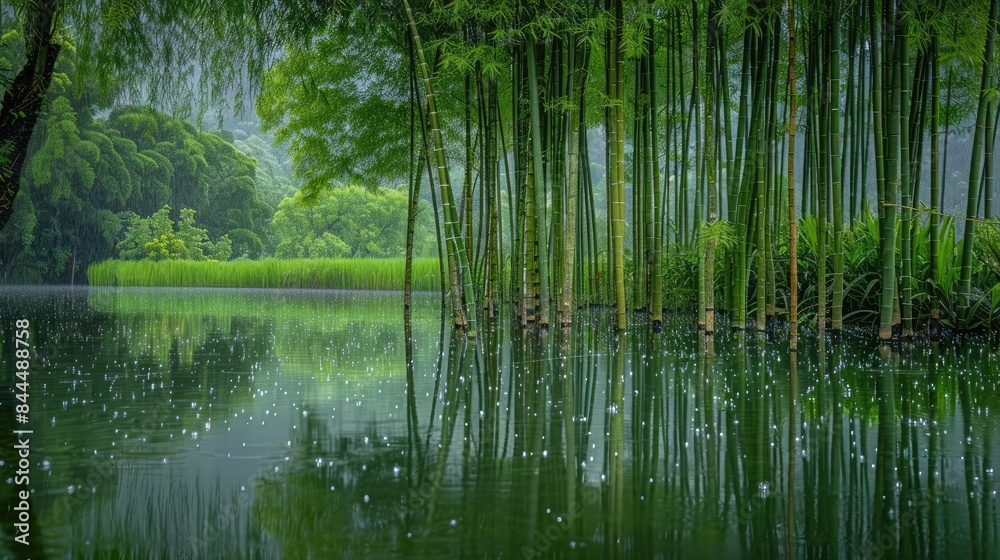 Serene bamboo forest reflected on a tranquil lake, creating a calming and peaceful natural landscape. Serene bamboo forest reflected on a tranquil lake, creating a calming and peaceful natural landscape.