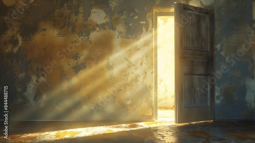 Inviting Light Pours Through Open Doorway,Casting Warm Glow and Serene Atmosphere in Rustic,Abandoned Interior