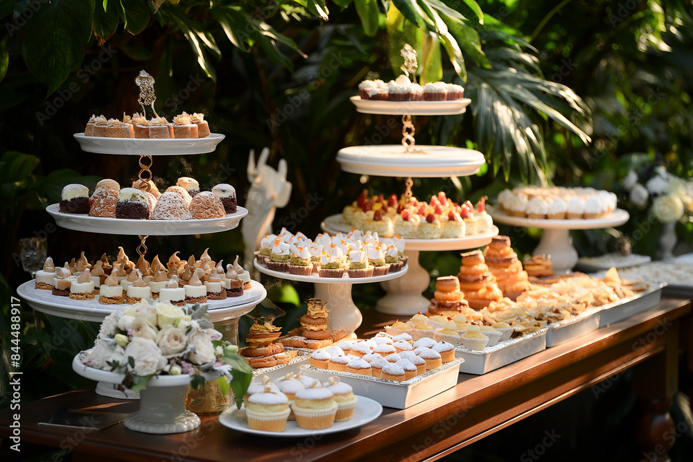 wedding buffet table, A beautifully arranged wedding buffet table set in a charming country garden wedding buffet table, A beautifully arranged wedding buffet table set in a charming country garden