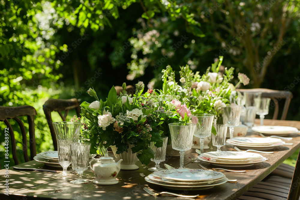 table setting for a wedding, A beautifully decorated dinner table set in a picturesque countryside garden table setting for a wedding, A beautifully decorated dinner table set in a picturesque countryside garden