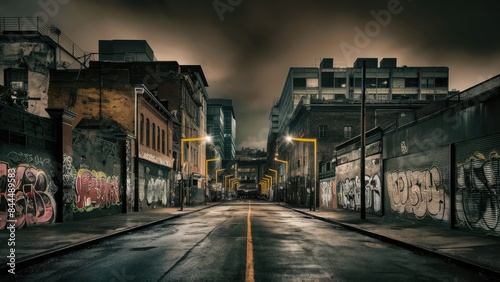 the old historical buildings and houses in a fog at night. Street lights