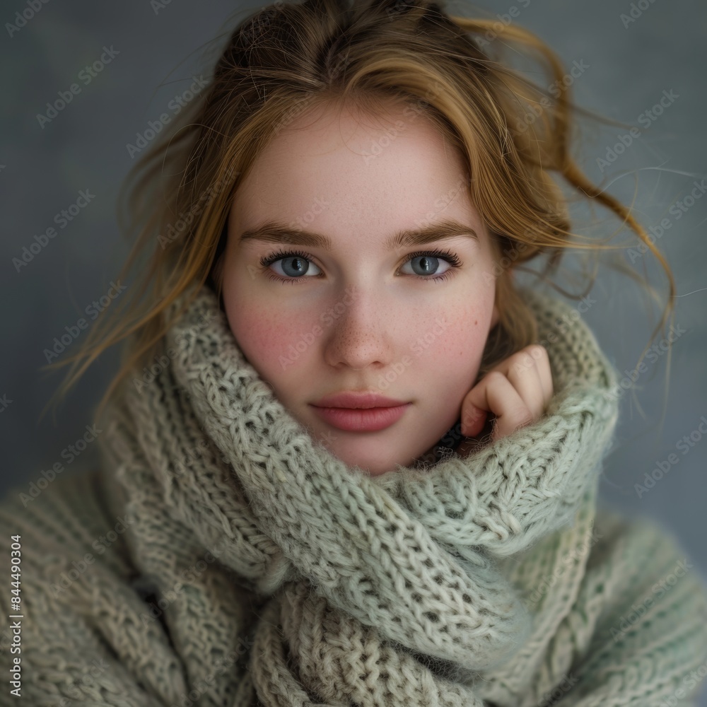 Portrait set of a young woman wearing a warm knitted winter sweater in cream Portrait set of a young woman wearing a warm knitted winter sweater in cream