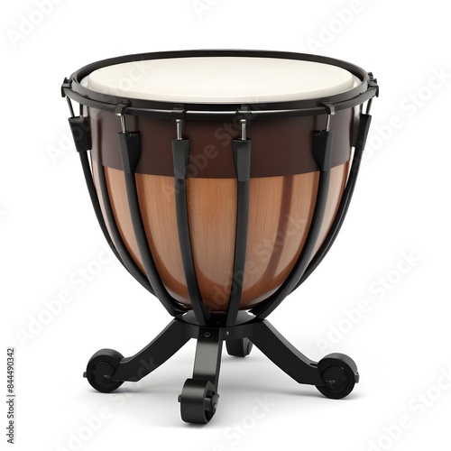 A timpani drum with a metal frame and a wooden base