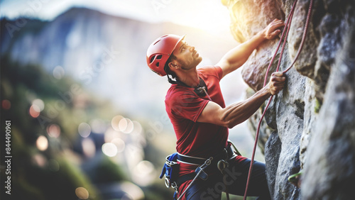 A mountaineer in equipment is engaged in rock climbing. photo