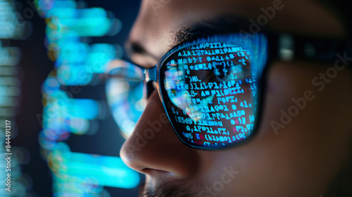 A man wearing glasses is looking at a computer screen with a blue background