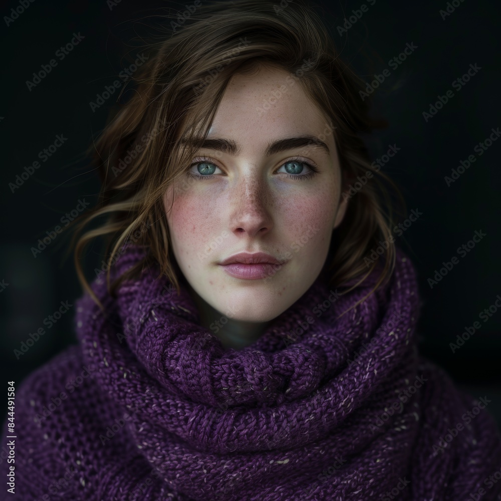 Portrait set of a young woman wearing a warm knitted winter sweater in purple eggplant Portrait set of a young woman wearing a warm knitted winter sweater in purple eggplant