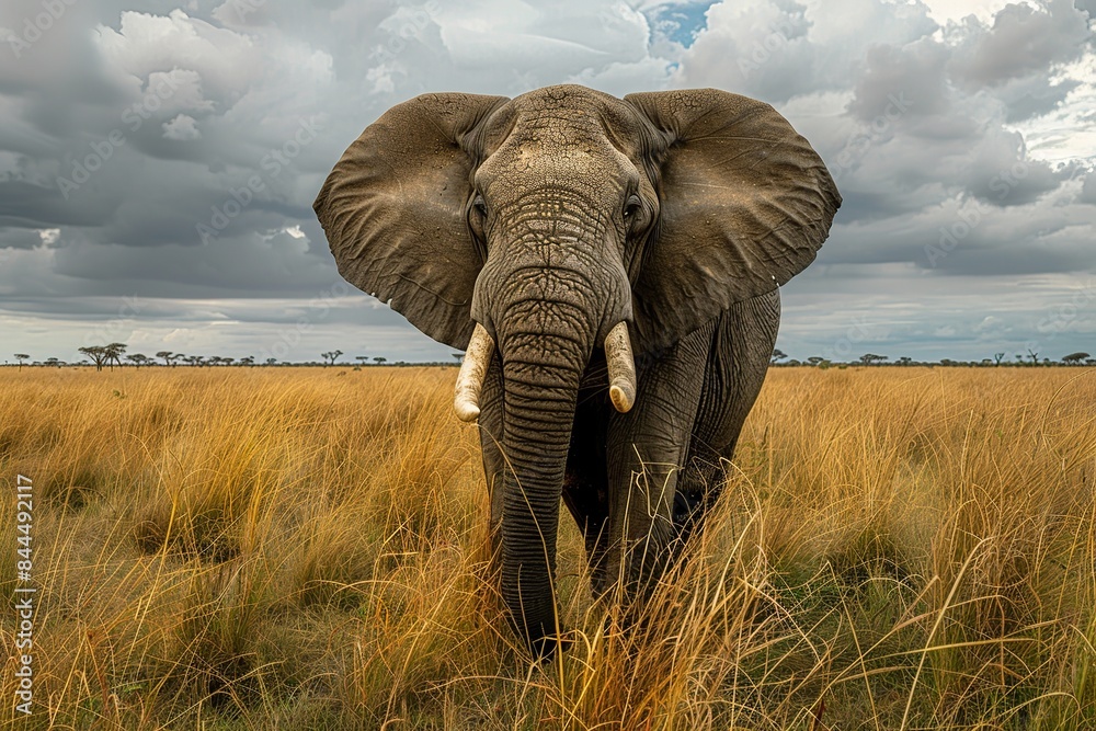 Fototapeta premium Witness the majestic sight of a herd of elephants gracefully migrating across the savanna during the dry season, a harmonious blend of nature's resilience and the timeless rhythm of wildlife