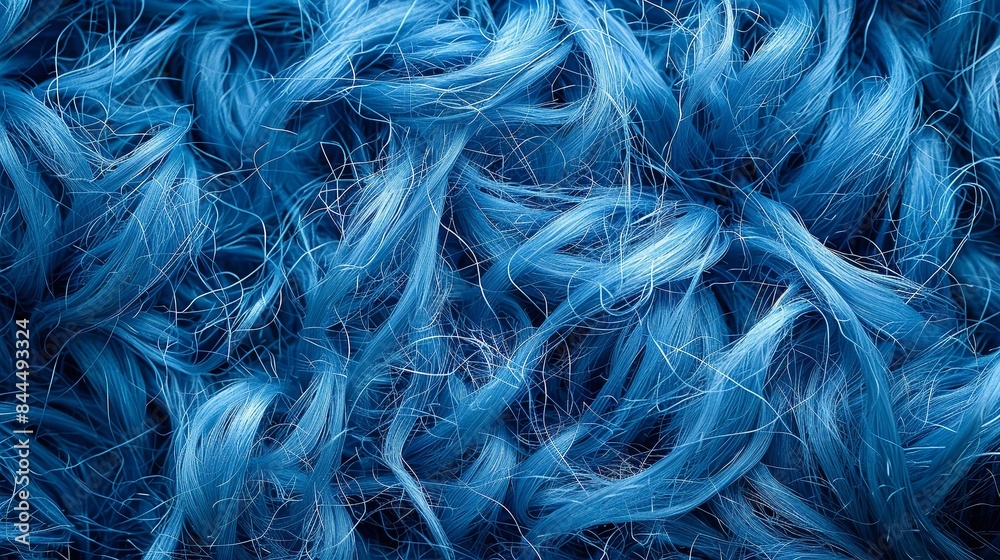 Obraz premium A close-up image of blue recycled plastic fibers, showcasing their intricate texture and potential for use in textile production