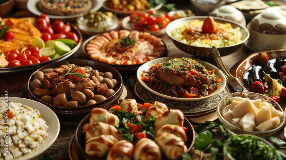 Arabic Cuisine;Middle Eastern traditional dishes and assorted meze. Vine leaves, kibbeh,chicken fatteh, spring rolls, sambusak, kibbeh nayyeh, makdous, haloumi, olives, eggplant fatteh and salads