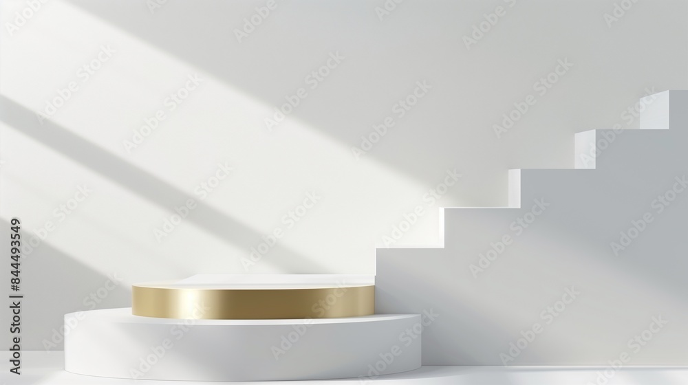 Abstract 3D white cylinder pedestal podium background with golden pedestal and white stair. Minimal mockup wall scene or product display presentation, Stage showcase. Platforms vector geometric design Abstract 3D white cylinder pedestal podium background with golden pedestal and white stair. Minimal mockup wall scene or product display presentation, Stage showcase. Platforms vector geometric design