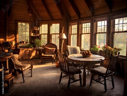Interior of a rustic country house with table and chairs.