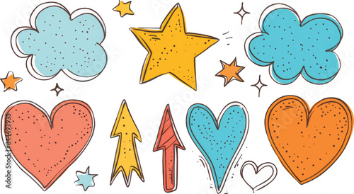 A collection of colorful doodle elements including hearts, stars, clouds, and arrows on transparent background