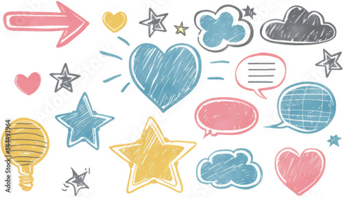 A collection of playful doodle elements including stars, hearts, arrows, and clouds in vibrant colors on transparent background