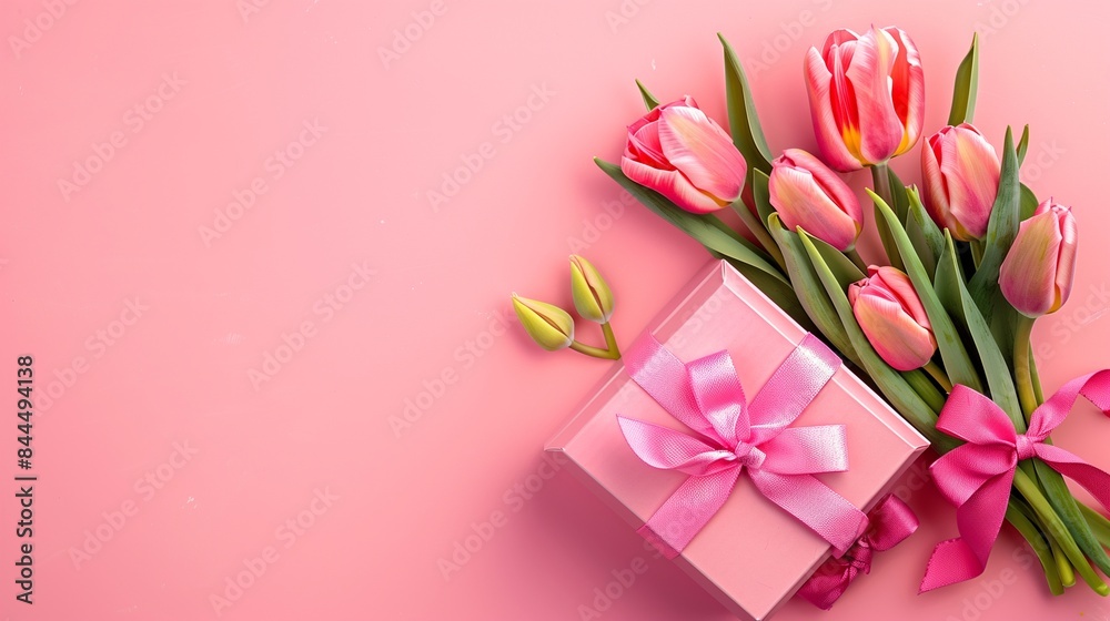 Fototapeta premium Mother's Day concept. Top view photo of stylish pink giftbox with ribbon bow and bouquet of tulips on isolated pastel pink background with copyspace
