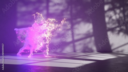 Dramatic 3D rendering of a dancing figure composed of glowing pink particles, cast against a shadowed backdrop with stark lighting