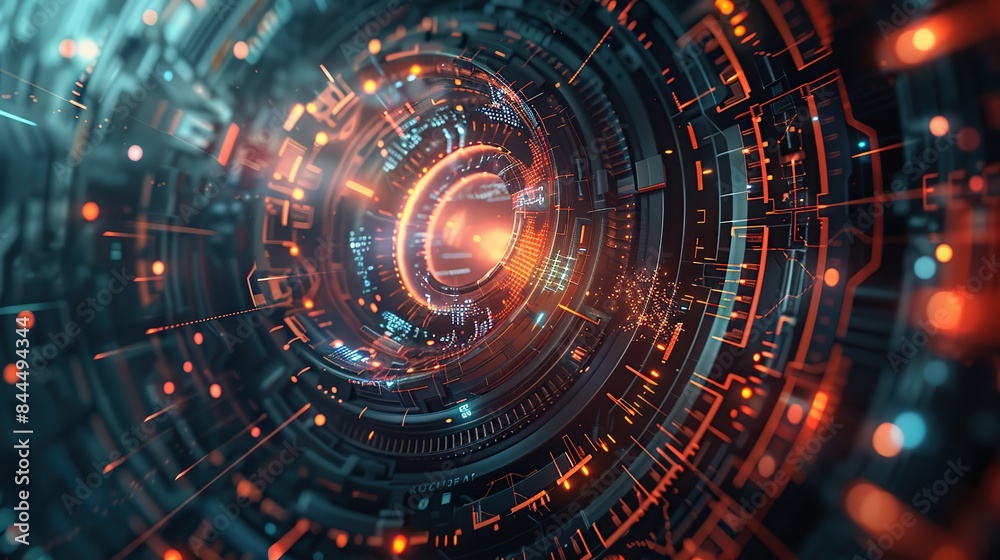 Abstract technology background with a blend of cyber security concept. Blue and red spiral with many dots and lines Abstract technology background with a blend of cyber security concept. Blue and red spiral with many dots and lines