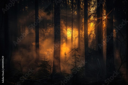 Enchanting forest at dawn with rays of sunlight piercing through the mist and trees, creating a magical and serene atmosphere.