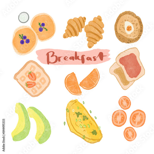Breakfast Element for your design or wall art (contain bread, pancake croissant, omellete)