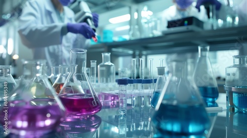 Scientist in a lab coat working with beakers and flasks filled with colorful liquids.