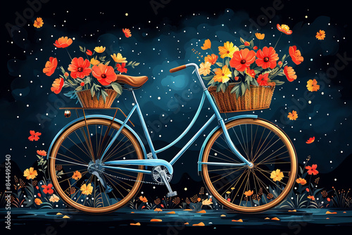 A bicycle with a basket full of flowers on night flowering meadow background. photo