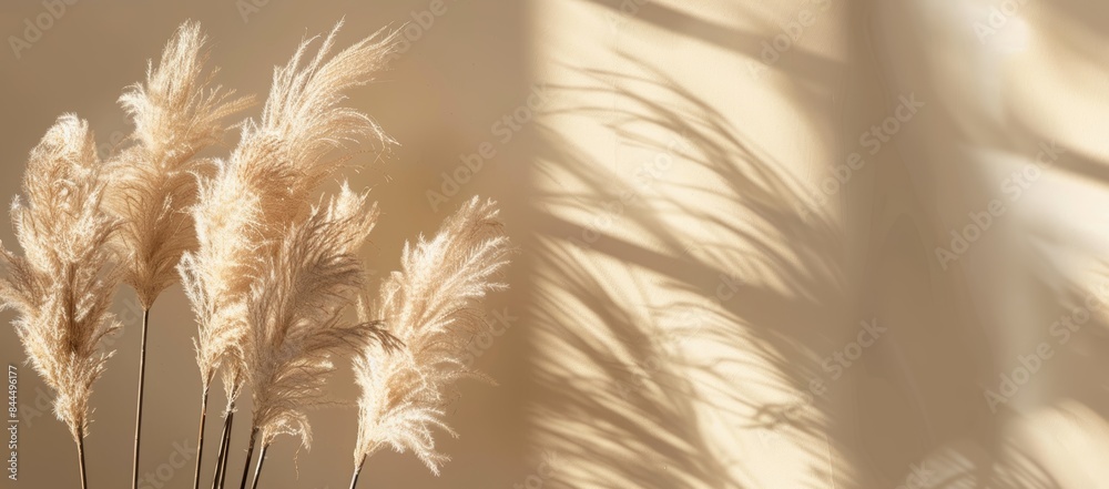 Close-up of pampas grass in a vase, illuminated by sunlight coming through a window Close-up of pampas grass in a vase, illuminated by sunlight coming through a window