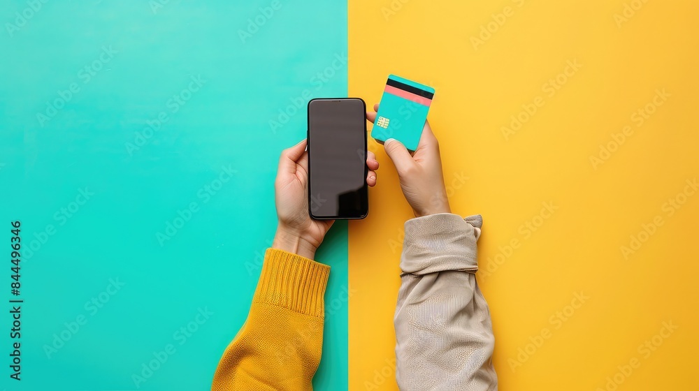 Close-up of hands holding a smartphone and a credit card, modern digital payment, minimalistic background, bright colors, high resolution