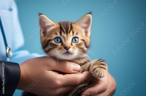 Kitten in the arms of a veterinarian close-up on a blue background