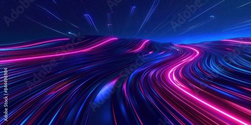 Generate an immersive image depicting the dynamic landscape of technology through a blue background with captivating motion neon light trails. 