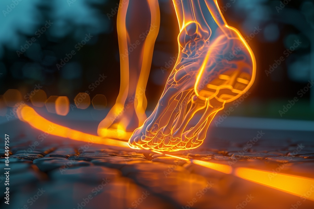 Human Foot Bones Illuminated During Running on Cobblestone Road