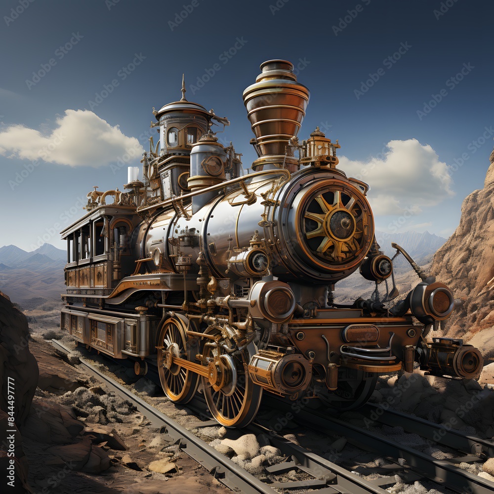 Naklejka premium A gleaming, vintage steam locomotive stands on tracks in a desert landscape, its intricate details and majestic presence evoke a sense of adventure and history.