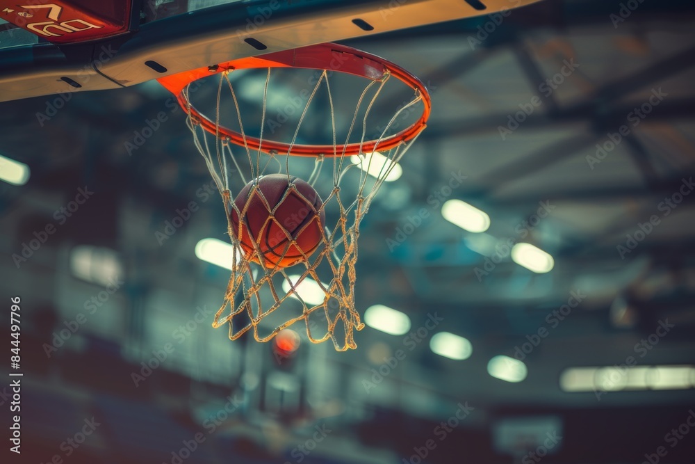 Basketball Swish Through Net in Indoor Arena Basketball Swish Through Net in Indoor Arena