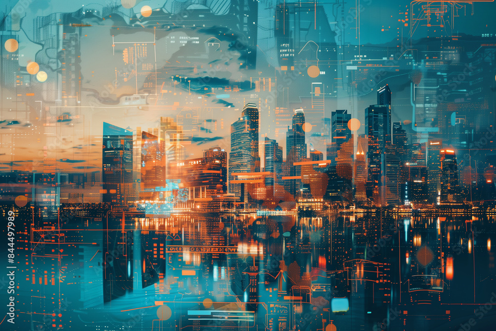 Vibrant city elements blend in a double exposure with a detailed city map, providing a focused and dynamic tool for construction planning, with plenty of copy space for further inf