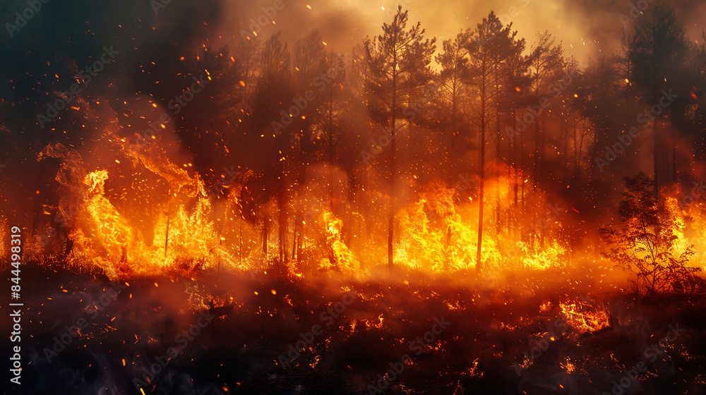 A raging forest fire flames leaping towards the night sky casting an orange glow on the smokefilled air A raging forest fire flames leaping towards the night sky casting an orange glow on the smokefilled air