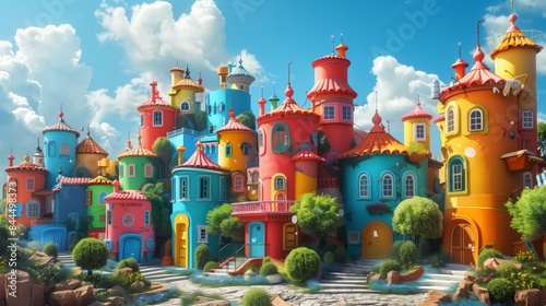 A colorful cartoon castle town with bright colors.