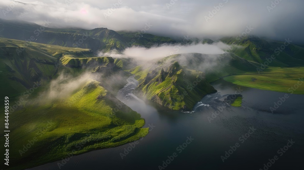 Obraz premium A stunning aerial view of misty mountains and lush green valleys wrapped in clouds, with a serene lake adding to the breathtaking landscape.
