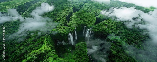A breathtaking aerial view of a lush, green rainforest with multiple waterfalls cascading into a deep valley surrounded by mist.