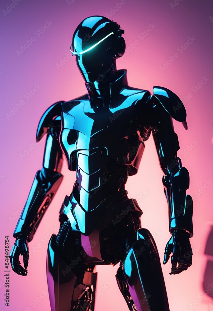 Fototapeta premium Futuristic humanoid robot, android, AI, male,head, face, body, black, plain background