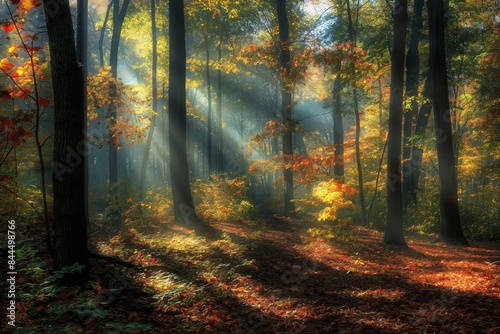 A serene forest scene with sunlight filtering through the canopy of colorful autumn leaves  casting dappled shadows on the forest floor and illuminating the vibrant hues of the foliage.