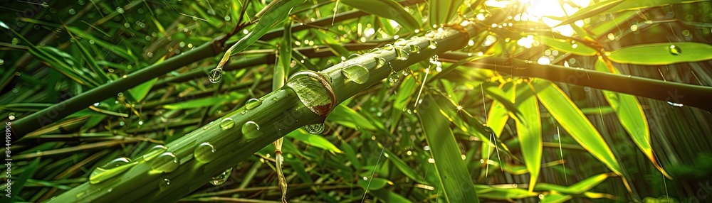 Close-up view of bamboo in sunlight with dewdrops, showcasing nature's beauty and vibrant greenery in a natural setting. Close-up view of bamboo in sunlight with dewdrops, showcasing nature's beauty and vibrant greenery in a natural setting.
