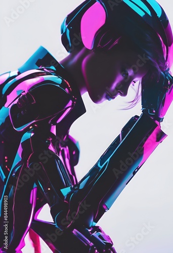 Futuristic humanoid robot, android, AI, female,head, body, sitting, black, pink, plain background