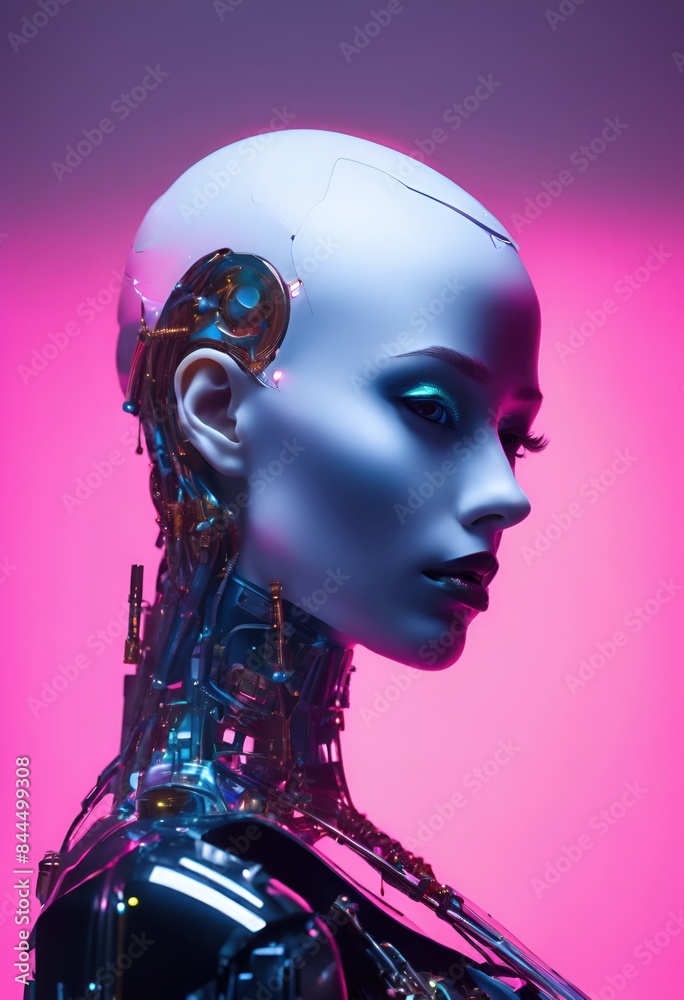 Futuristic humanoid robot, android, AI, female, head, white, pink, plain background Futuristic humanoid robot, android, AI, female, head, white, pink, plain background