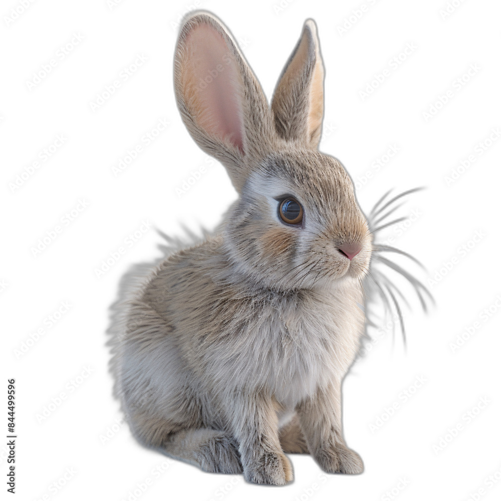A detailed 3D rabbit with soft fur and long ears, sitting on a white background A detailed 3D rabbit with soft fur and long ears, sitting on a white background