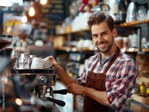 Man wearing Barista uniform holding coffee