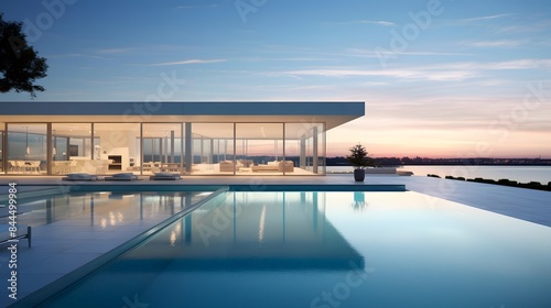 Swimming pool at sunset in a modern villa with swimming pool