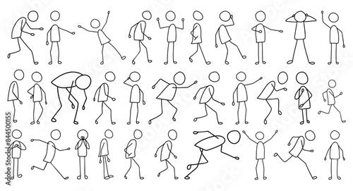 Collection of Hand-Drawn Stick Figures Doodle in Various Poses and Movements, Stick figures doodle