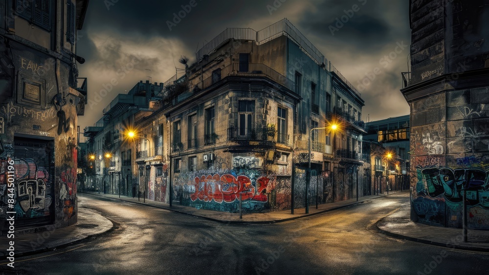 seamlessly blending old and new architectural styles. The buildings, decorated with vibrant graffiti seamlessly blending old and new architectural styles. The buildings, decorated with vibrant graffiti