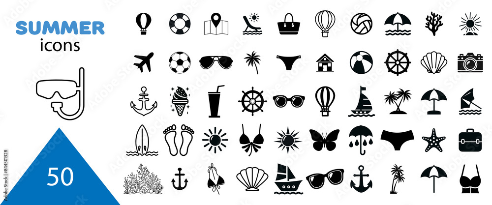 Summer vector icon set. Icons, signs and banners. Collection elements for summer holidays, travel, tourism and parties. Vector illustration