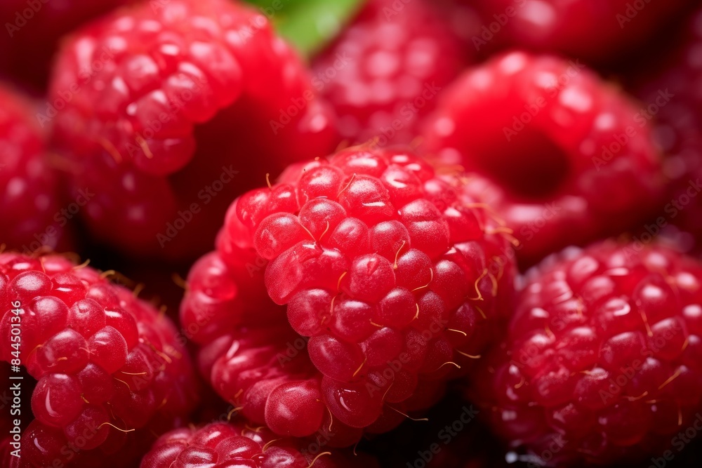 Close-up of vibrant. Juicy and healthy fresh ripe red raspberries. A delicious and nutritious fruit. Perfect for summer. Dessert. And snacking. With a macro view showcasing their organic Close-up of vibrant. Juicy and healthy fresh ripe red raspberries. A delicious and nutritious fruit. Perfect for summer. Dessert. And snacking. With a macro view showcasing their organic