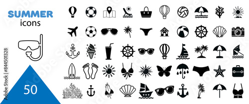 Summer vector icon set. Icons, signs and banners. Collection elements for summer holidays, travel, tourism and parties. Vector illustration