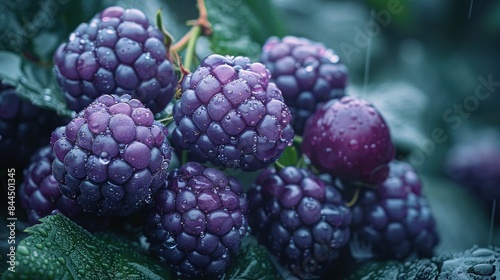  A purple berry cluster rests atop a green foliage plant with droplets of water on its leaves
